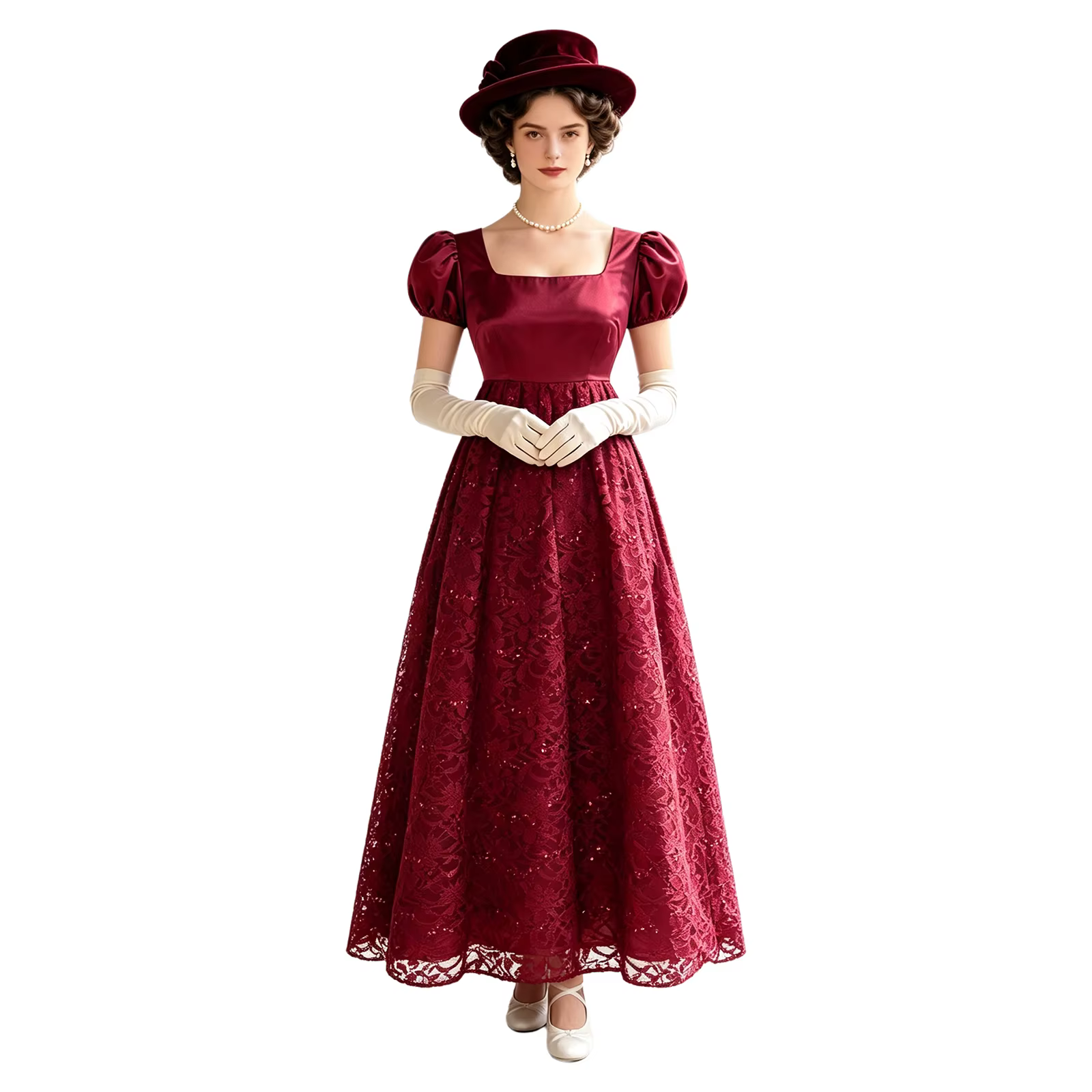 Robe Victorienne Longue Vintage pour Femme, Taille Empire, Col Carré, Dentelle Pailletée, Robe de Soirée Élégante Style Régence