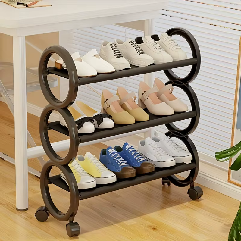 Étagère à chaussures rotative à 3/4 niveaux avec 360 ° Roues pivotantes et poignée annulaire mignonne – Organisateur