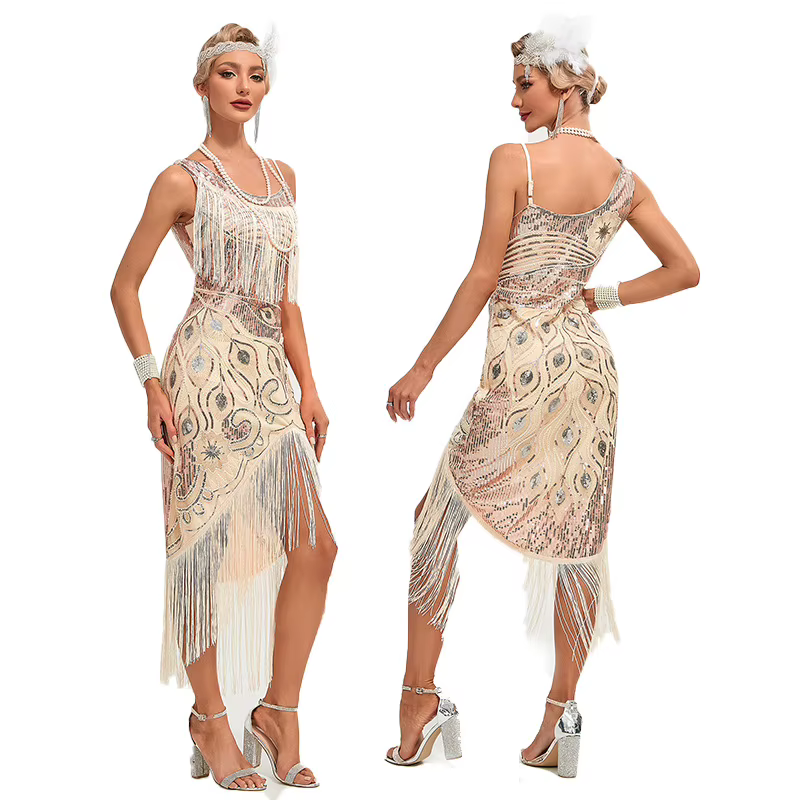 Robe de cocktail style Gatsby des années 1920 avec franges et paillettes, tenue de bal Charleston rétro à pompons motif paon, vêtements des années vingt.