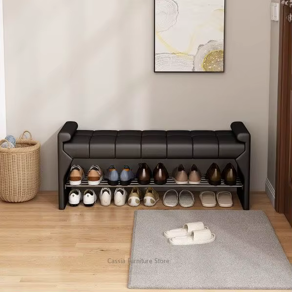 Banc à chaussures en cuir haut de gamme pour entrée, longue banquette avec rangement pour chambre, organisateur de couloir rustique et moderne pour porte d'entrée