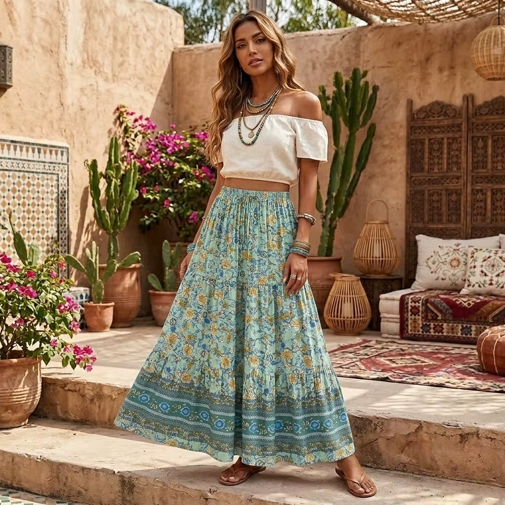 Jupe Vintage Chic à Imprimé Floral pour Femme, Style Bohème, Taille Haute artificiel astique, Gothique, Ligne A, Bohème, Maxi, pour la Plage