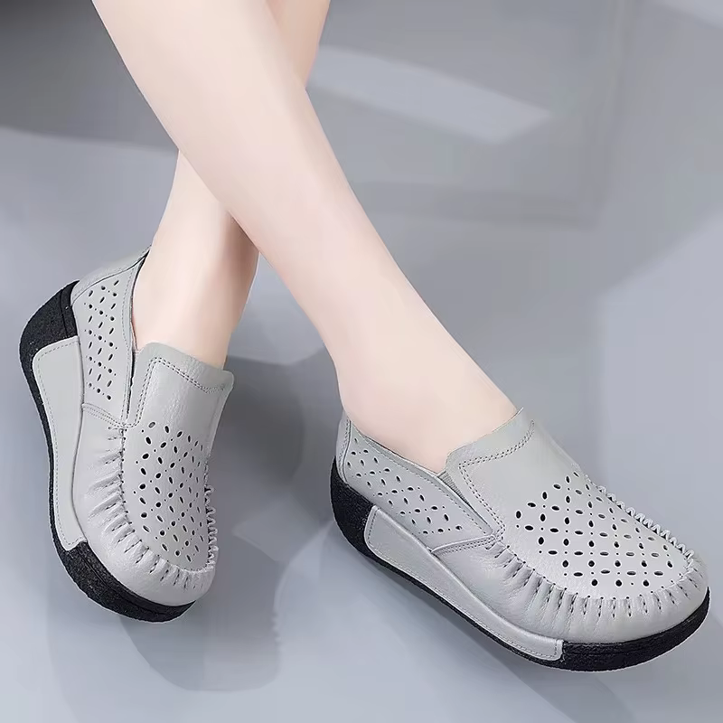 2025 plate-forme chaussures plates pour femmes sans lacet évider véritable cuir de vache Swing