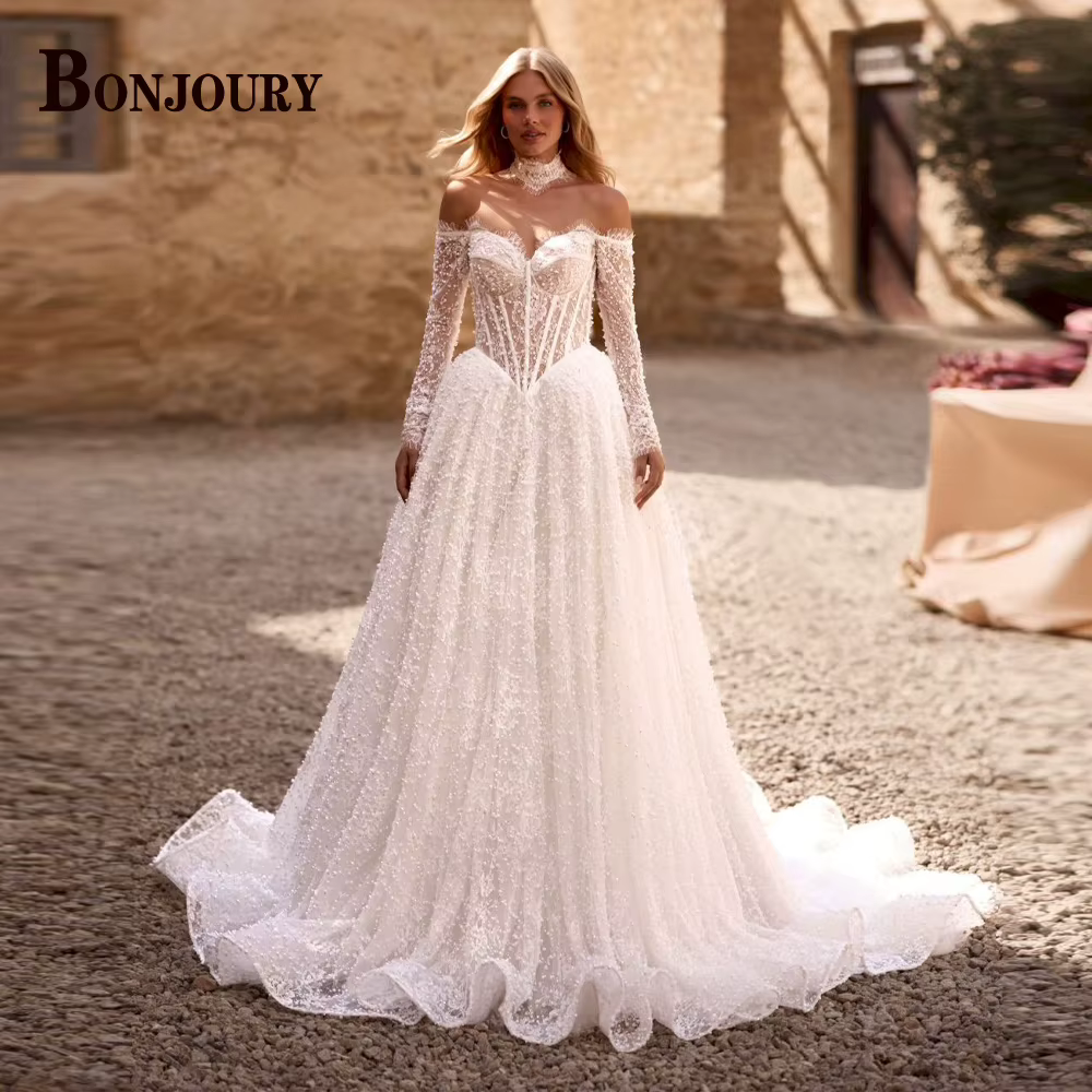 Robe de mariée florale raffinée BONJOURY, style coréen avec appliques en dentelle, épaules dénudées, fermeture éclair, Vestido De Novia personnalisé