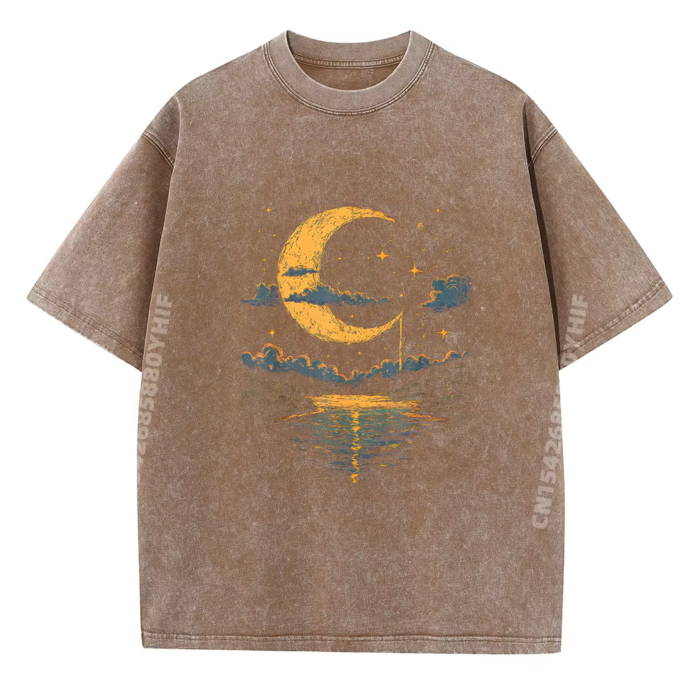 T-shirt Homme Décontracté Style Bohème Hippie Vintage Céleste Demi-Lune Effet Délavé Style Chinois