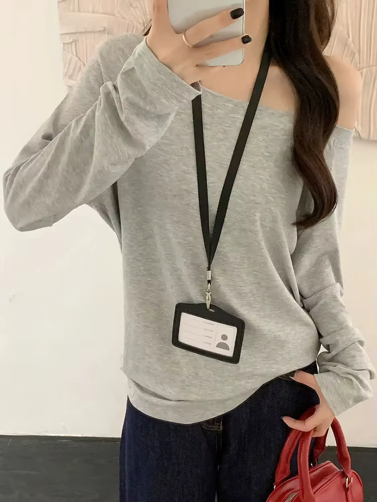 T-shirt oversize à épaules dénudées et manches longues pour femme, couleur unie, hauts décontractés, t-shirts basiques pour femme, style coréen, chemisiers jeunesse printemps automne