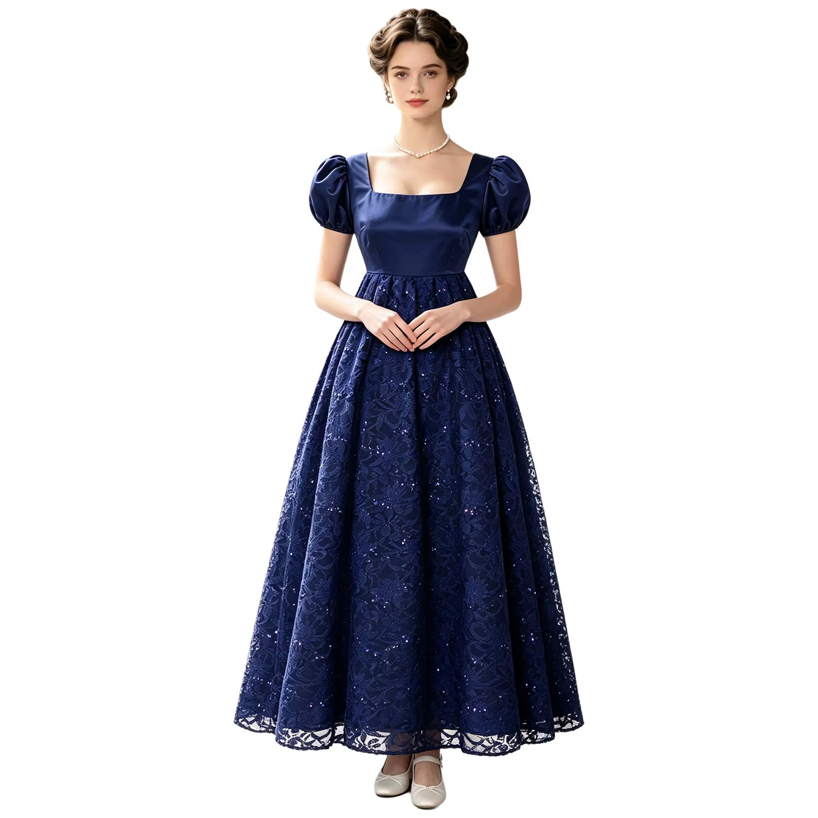 Robe Victorienne Longue Vintage pour Femme, Taille Empire, Col Carré, Dentelle Pailletée, Robe de Soirée Élégante Style Régence