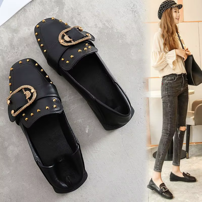 Bout carré noir mocassins chaussures pour femmes 2025 dames chaussures d'été talon bas élégant Y2k printemps Chic avec chaussure chaude élégante A