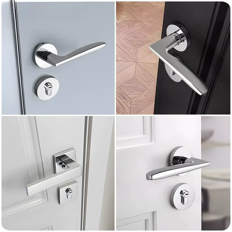 Porte intérieure minimaliste moderne, serrure de porte de chambre à coucher, poignée de porte universelle en bois argenté brillant, serrure à poignée silencieuse fendue