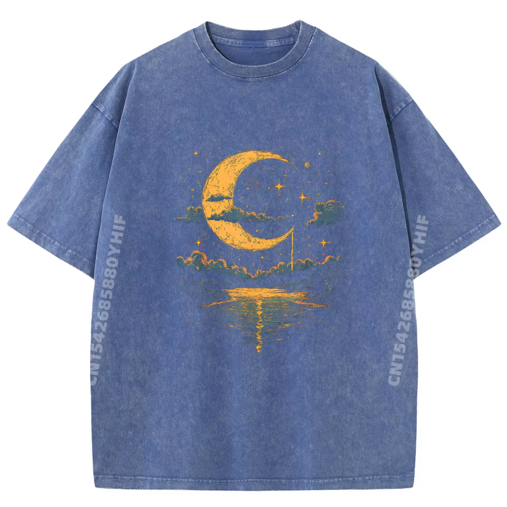T-shirt Homme Décontracté Style Bohème Hippie Vintage Céleste Demi-Lune Effet Délavé Style Chinois
