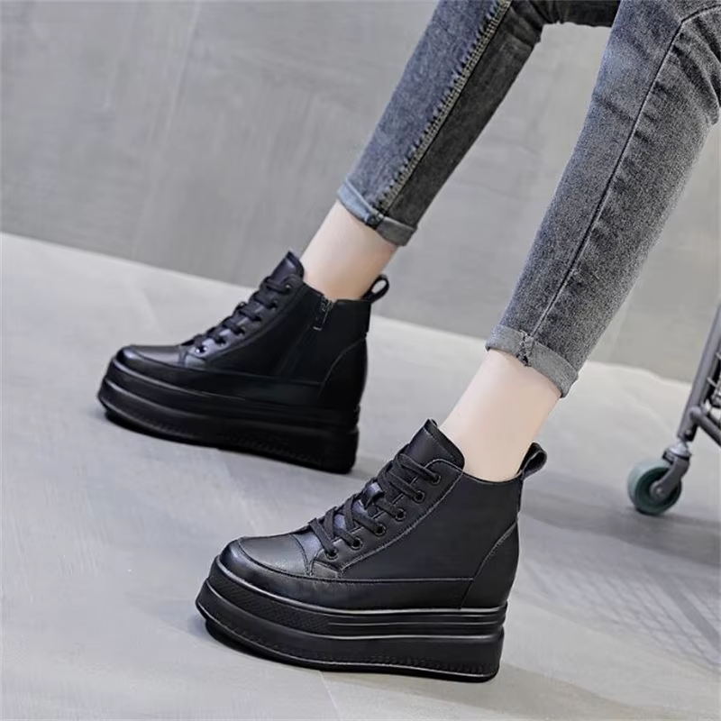 Femmes baskets hautes plate-forme respirant en cuir véritable chaussures printemps dame