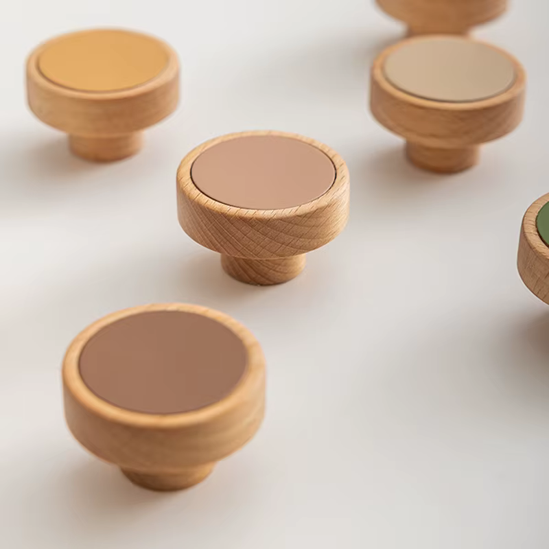 Poignée en bois massif de style japonais Wabi-Sabi avec couche supérieure en bois naturel et texture en cuir de vachette pour portes et tiroirs de meubles