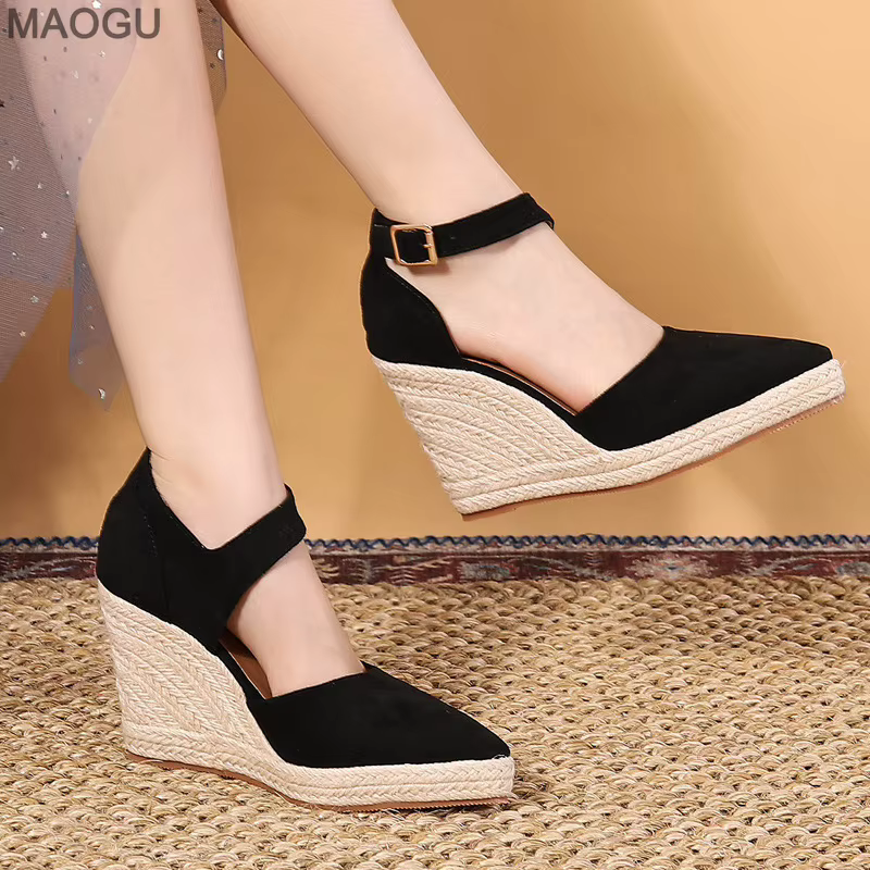 Bout pointu femmes chaussures compensées plate-forme talon haut Espadrille semelle été mode sandales robe pompes Size34-42 Zapatos De Mujer