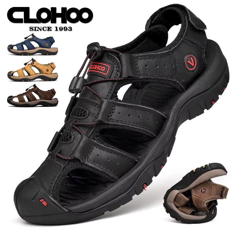 CLOHOO sandales pour hommes faites à la main fond épais en caoutchouc respirant décontracté chaussures de plage à enfiler en cuir Version améliorée