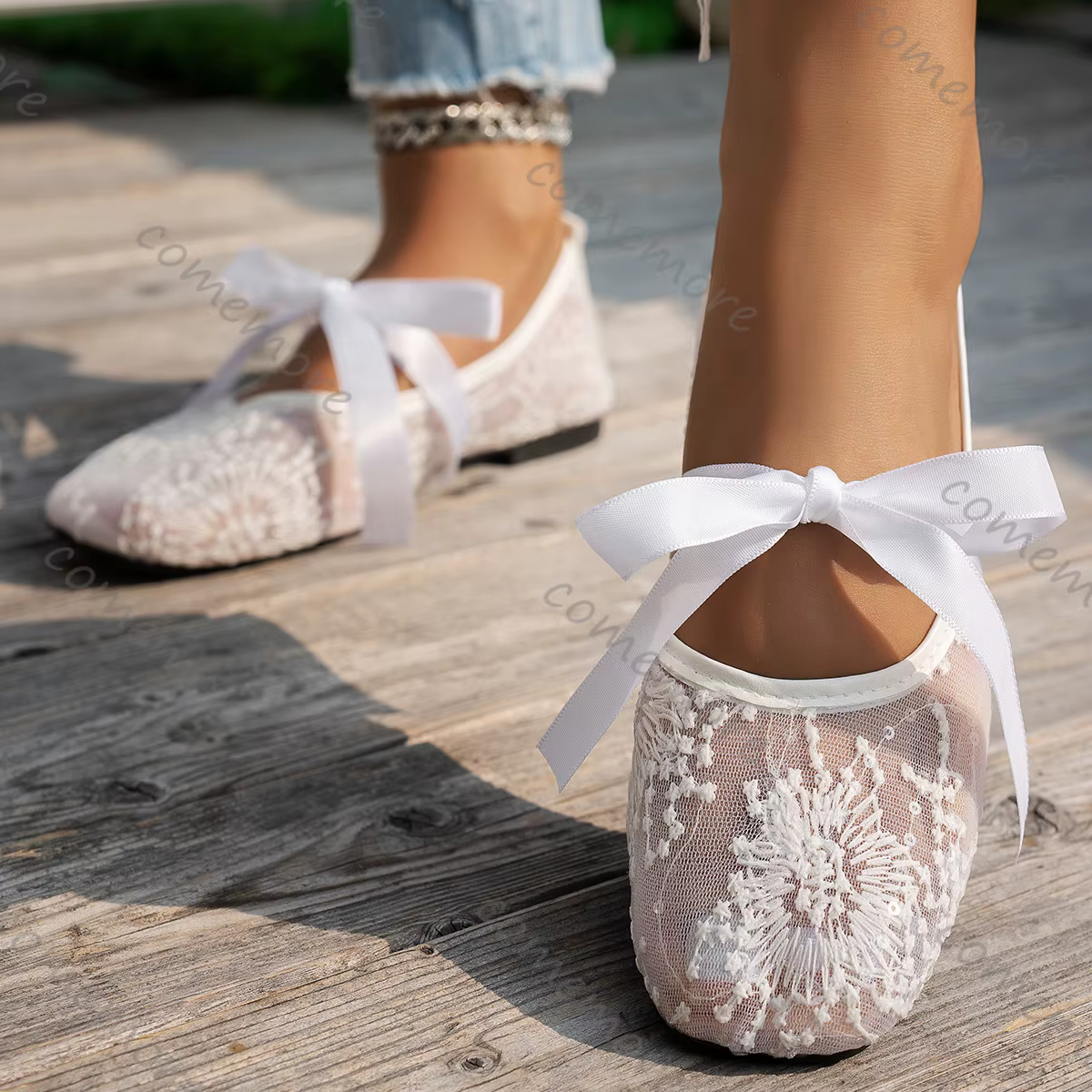 Comemore nouveau rose dentelle fleur appartements printemps été décontracté semelle souple bout carré à lacets doux Ballet maille respirant unique chaussures