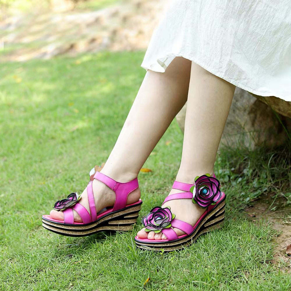Sandales à talons compensés confortables en cuir véritable pour femmes