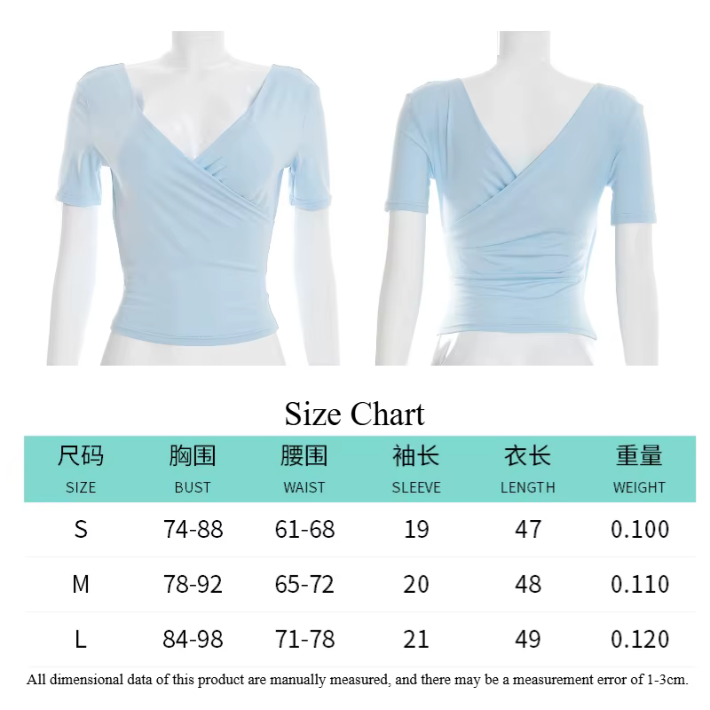 T-shirt style américain à col en V croisé pour femme, uni, taille cintrée, dos nu, manches courtes, style Spice Girls, haut tendance d'été