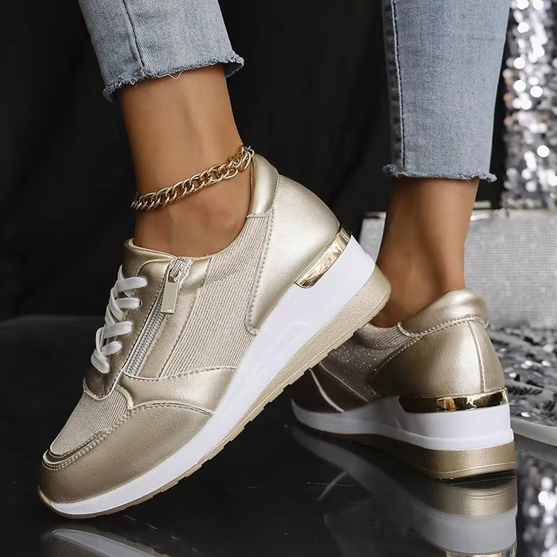 Mode fond épais argent baskets femmes 2025 printemps talon compensé chaussures vulcanisées femme confortable à lacets Sport Sneaker Mujer