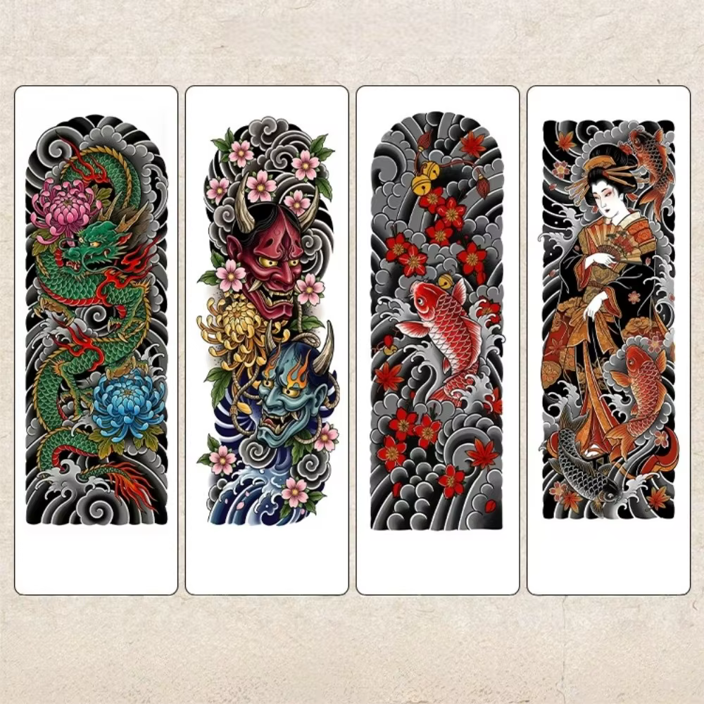 Tatouages temporaires japonais style démon, manchon de bras, poisson Koi, Geisha, Dragon, Pivoine, transfert à l'eau