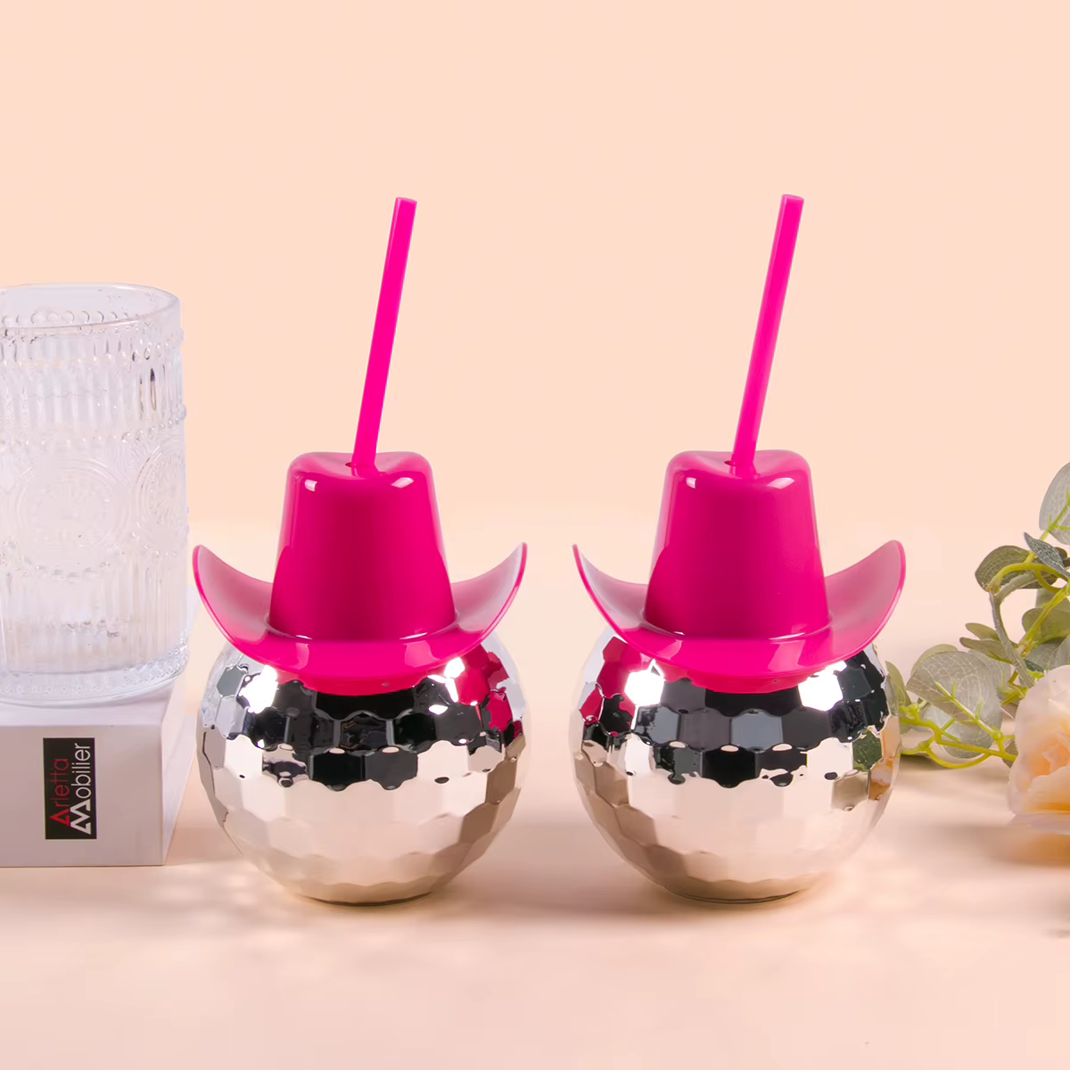 Nouvelles tasses de boule Disco avec couvercles et pailles de chapeau de Cowboy, décorations de fête d'enterrement de vie de jeune fille, fournitures de fête Disco de danse de Bar rétro des années 70