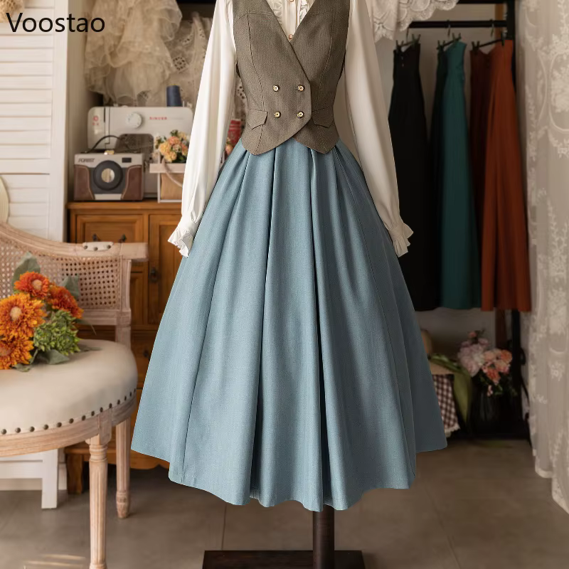 Jupe mi-longue Vintage victorienne Lolita pour femmes, élégante, douce, boutons Y2k, Slim, ligne a, jupes longues, jupe de fête classique japonaise