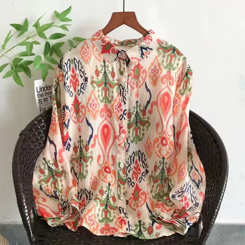 2025 chemise surdimensionnée femme été hauts femme espagne style vintage 100% ramie chemises à fleurs blouses à manches longues hauts