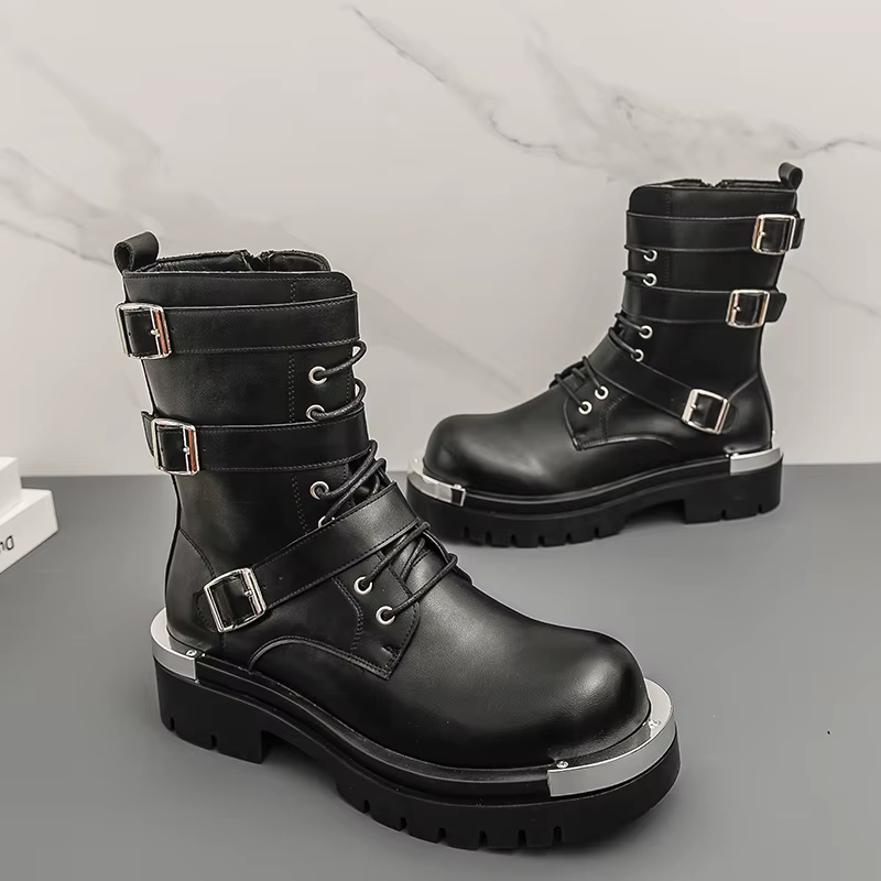 Style Punk hommes bottes mode boucle de ceinture conception mi-mollet botte haute qualité en cuir