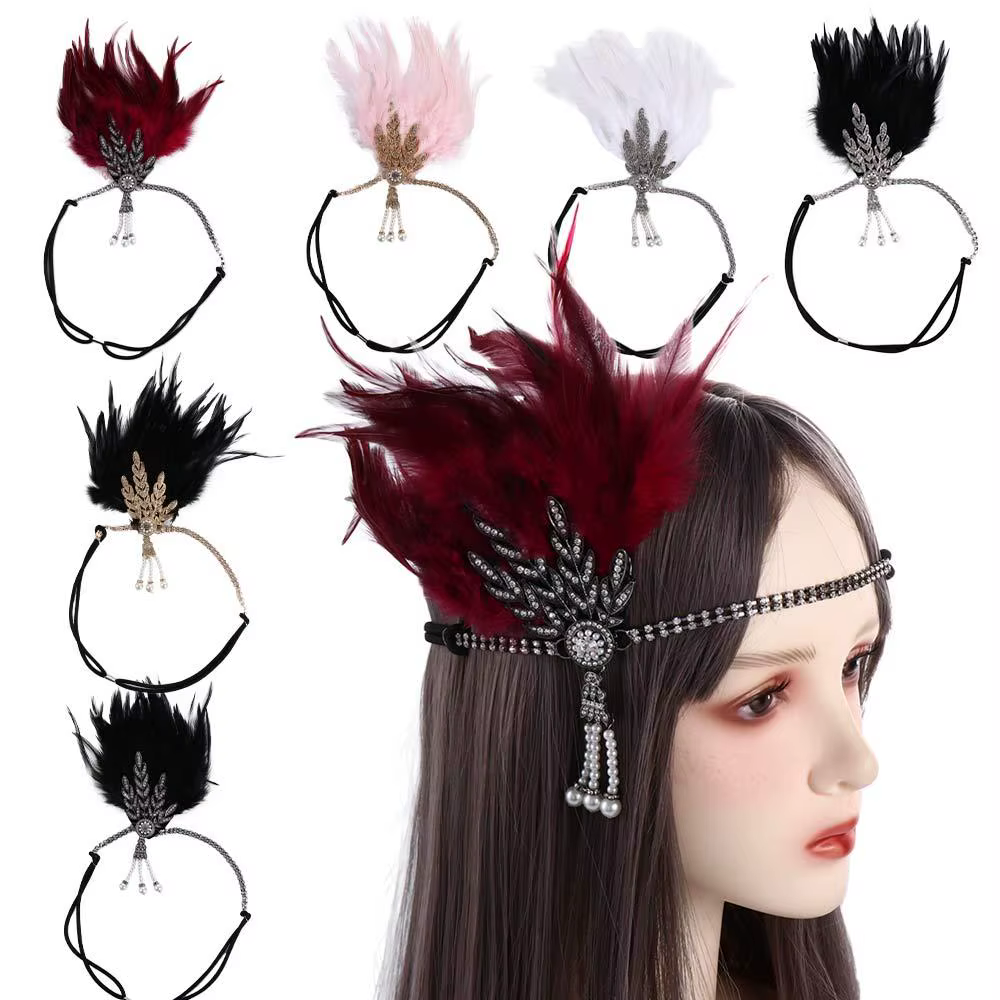 Robe de cosplay Gatsby, couvre-chef en plumes et diamants, bandeau de style coréen, accessoires de fête masquée, cheveux à paillettes
