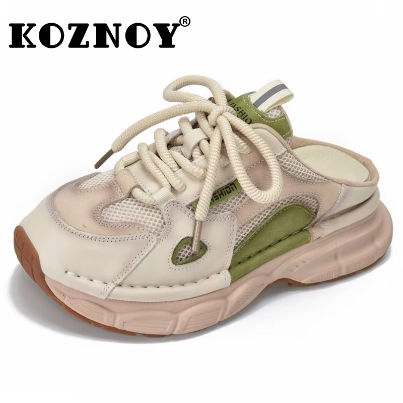 Koznoy 4 cm Air Mesh synthétique en cuir véritable mocassins vulcaniser été plate-forme baskets haute marque décontracté femmes chaussures pantoufles