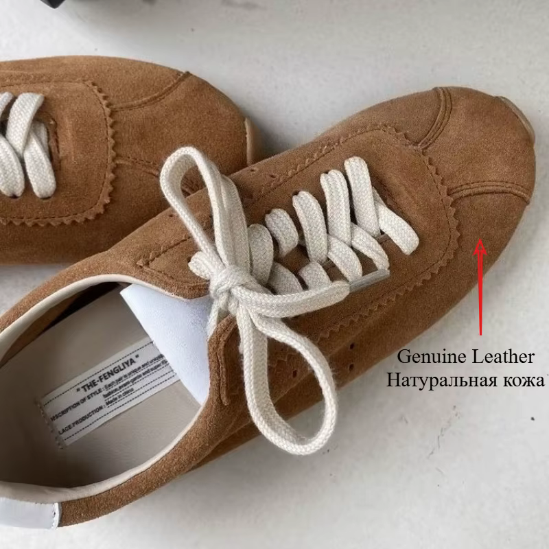 Chaussures de sport décontractées plates à lacets en cuir véritable pour femmes