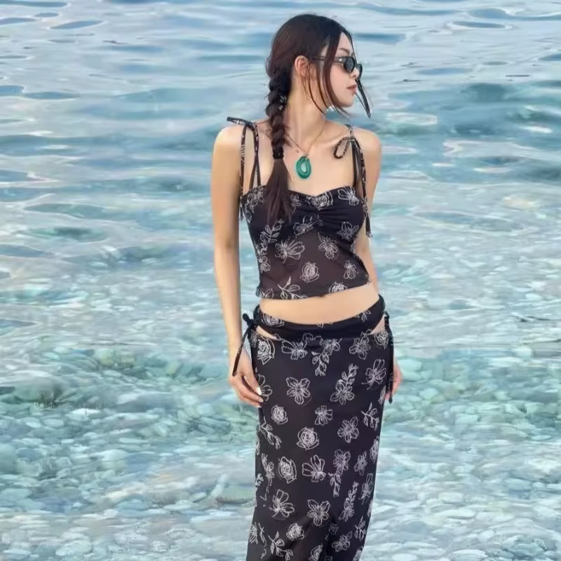 Maillot de bain style Ins pour femme, ensemble trois pièces rétro de vacances, imprimé floral brodé, amincissant, avec longue camisole et jupe, confortable