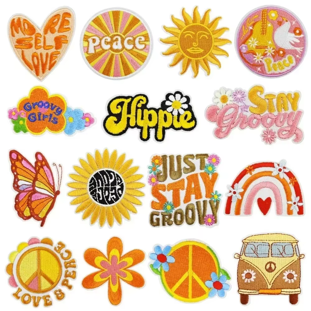 Patchs brodés tournesol de Style Hippie, Bus de la paix, lettres florales, Appliques colorées, emblème d'amour d'auto pour vêtements pour filles groovy