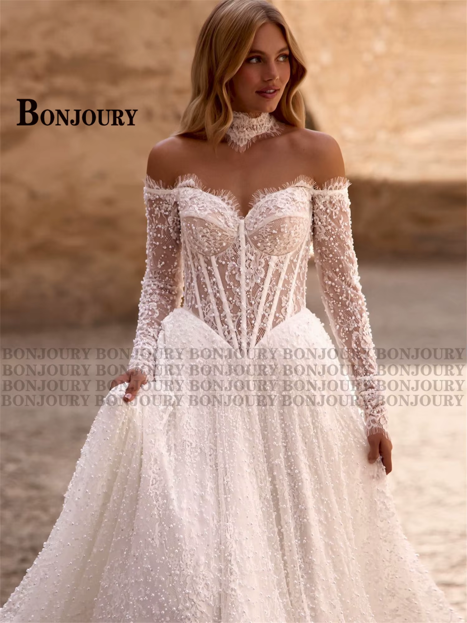 Robe de mariée florale raffinée BONJOURY, style coréen avec appliques en dentelle, épaules dénudées, fermeture éclair, Vestido De Novia personnalisé