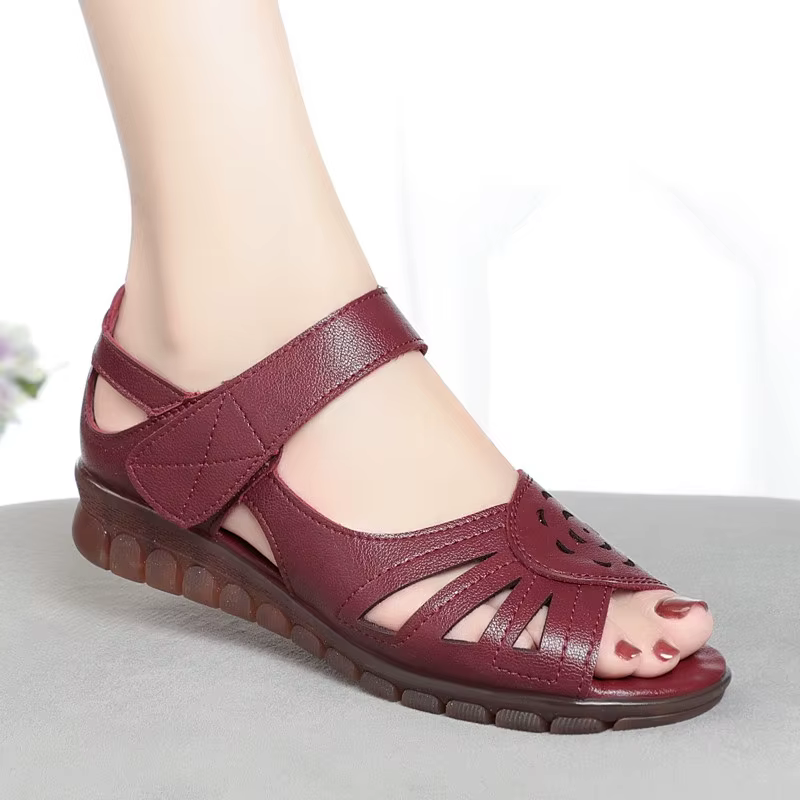 Chaussures d'été en cuir à bout ouvert pour femmes, couleur unie, sandales de plage décontractées à fond souple, chaussures de marche à enfiler