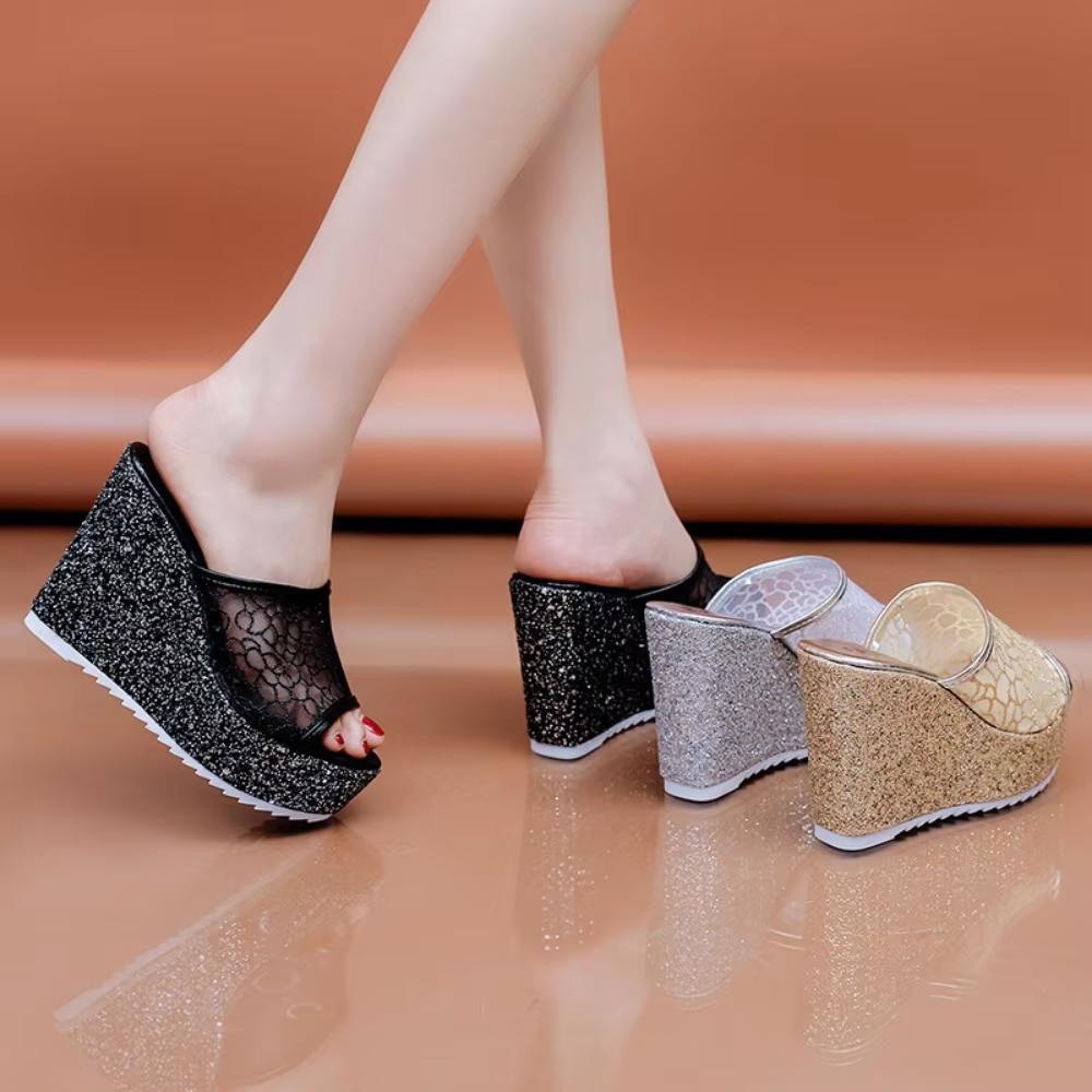 Pantoufles Bling Dorées pour Femmes, Chaussures d'Été, Plateforme 4cm, Salle d'ACH Extérieure 11cm, Talons Hauts Compensés, Maille Solide, Chaussures Argentées Femme