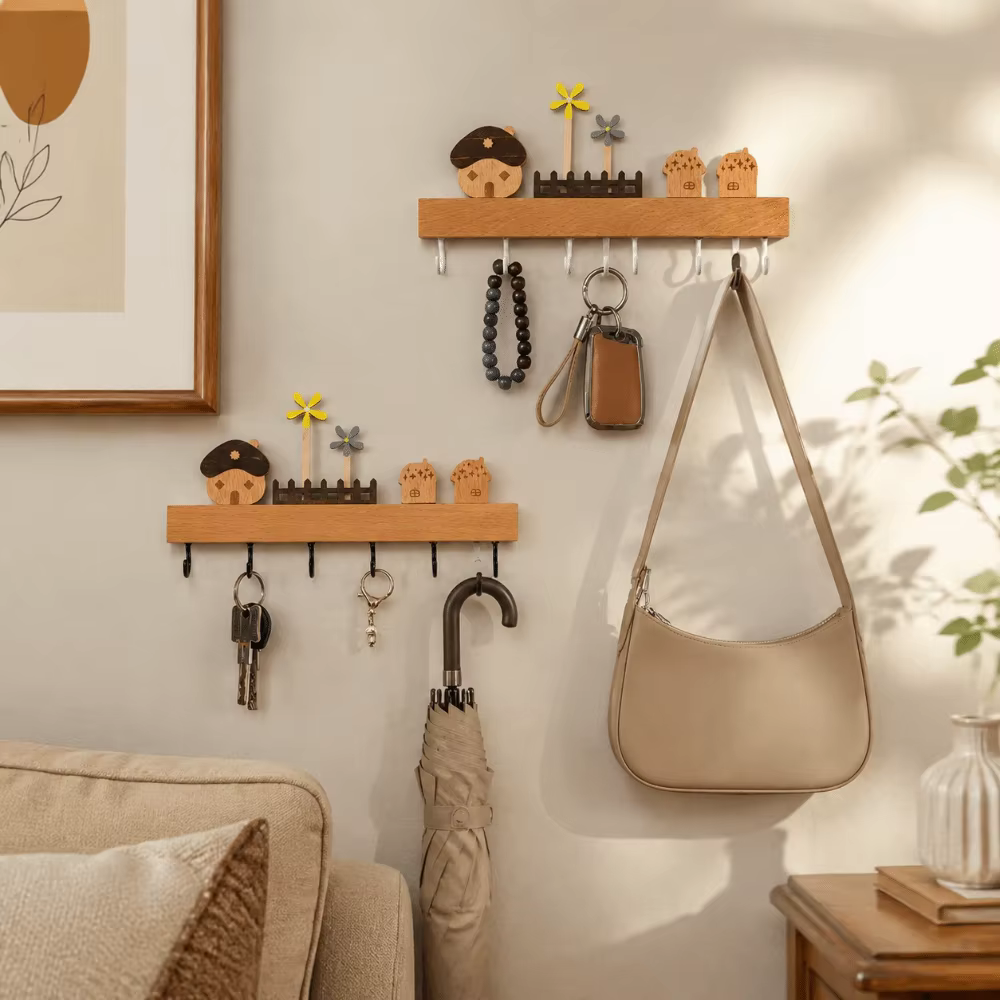 Accessoire de décoration intérieure, porte-clés en bois, 6 crochets, style nordique, support de rangement pour clés, crochet décoratif mignon INS, entrée