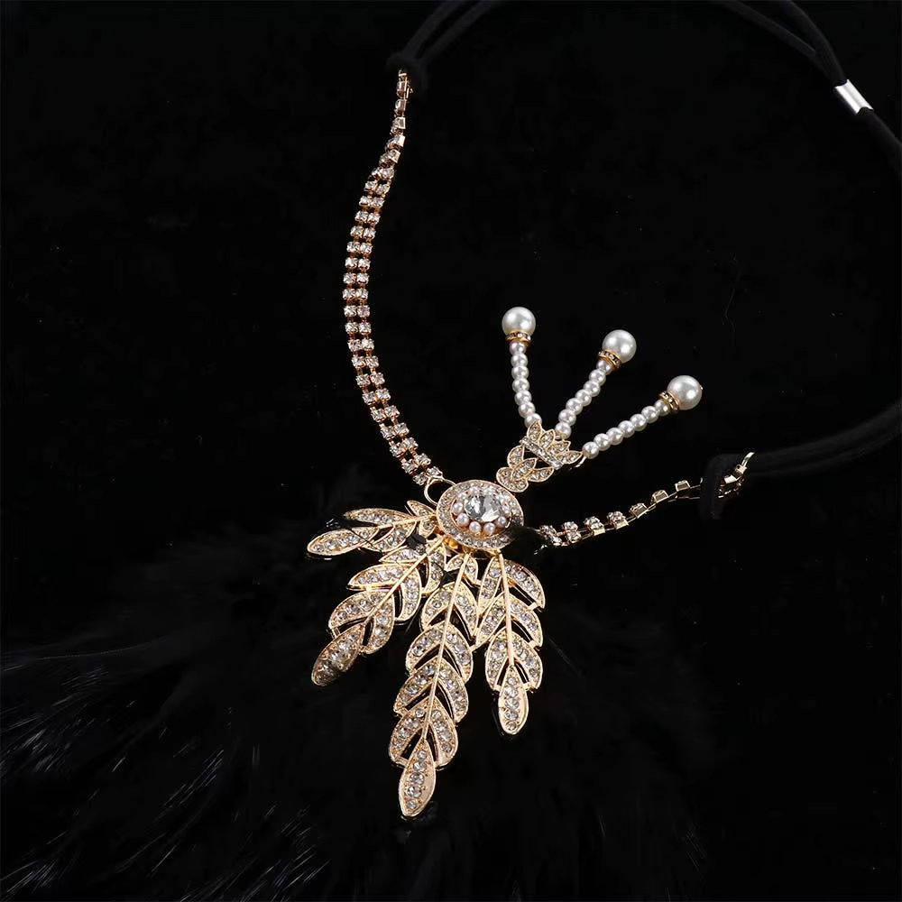 Robe de cosplay Gatsby, couvre-chef en plumes et diamants, bandeau de style coréen, accessoires de fête masquée, cheveux à paillettes