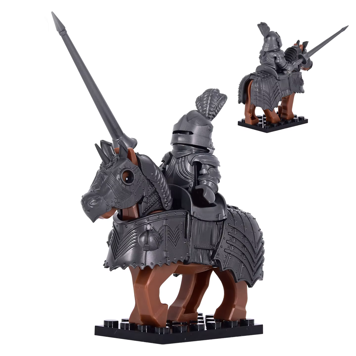 Jouet de construction de chevalier sur cheval de guerre, style gothique, plusieurs couleurs, armure détaillée, accessoires de cheval, parfait pour les thèmes médiévaux