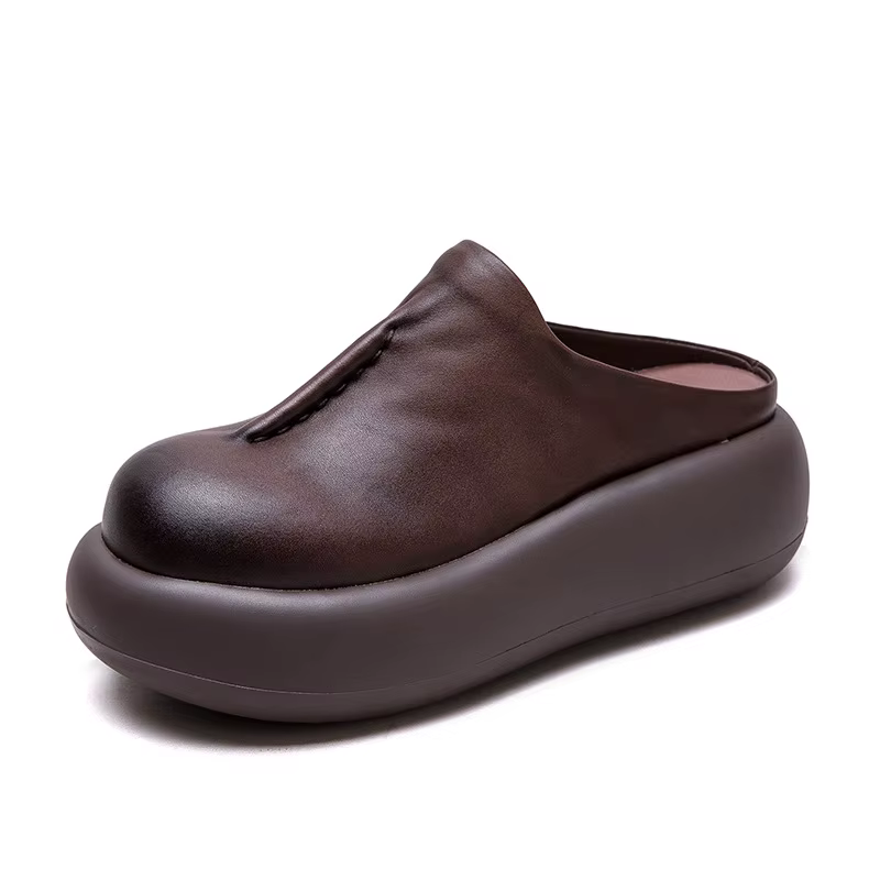 GKTINOO 2026 Nouvelles sandales d'été à semelle épaisse en cuir véritable à bout rond polyvalentes pour femmes