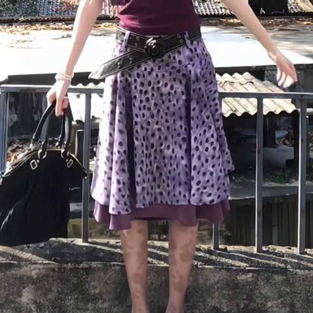 Ensemble style Spice Girl, haut sans manches violet charmant, jupe à pois taille haute, coupe régulière pour femme, été