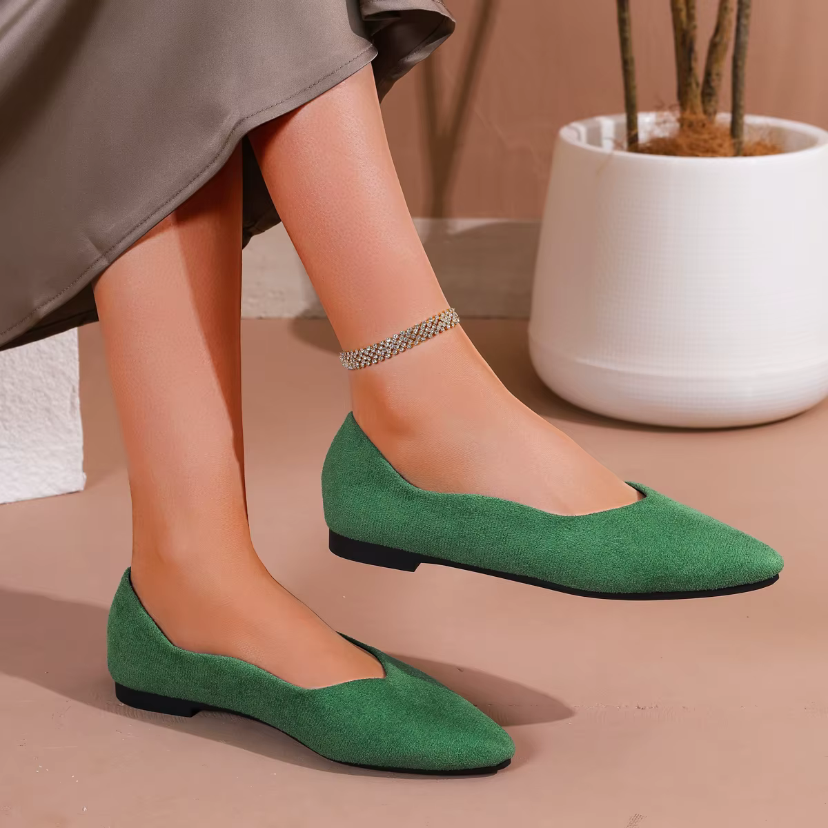 Chaussures plates pour femmes en daim vert printemps-automne