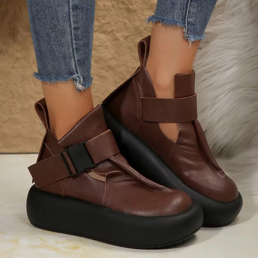 Bout rond semelle épaisse en cuir rétro plate-forme chaussures femmes loisirs romain