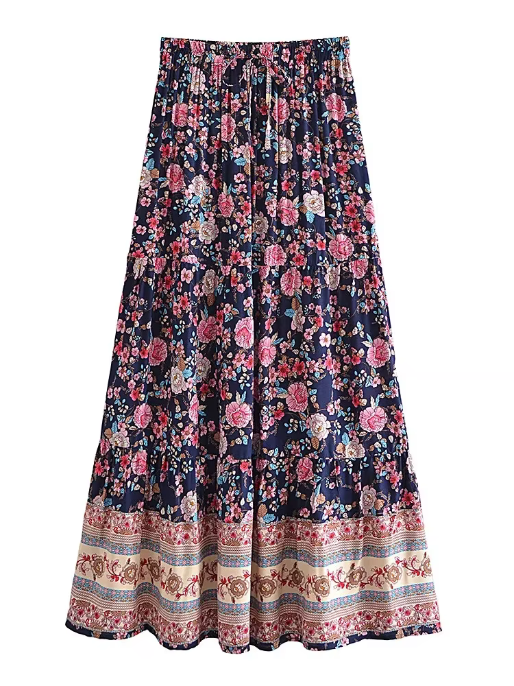 Jupe Vintage Chic à Imprimé Floral pour Femme, Style Bohème, Taille Haute artificiel astique, Gothique, Ligne A, Bohème, Maxi, pour la Plage