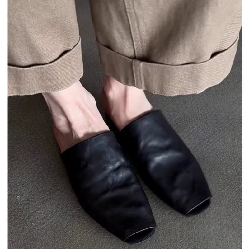 Mules pour femmes vêtements chauds femme carré bout fermé pantoufles peau de vache chaussures plates en cuir véritable