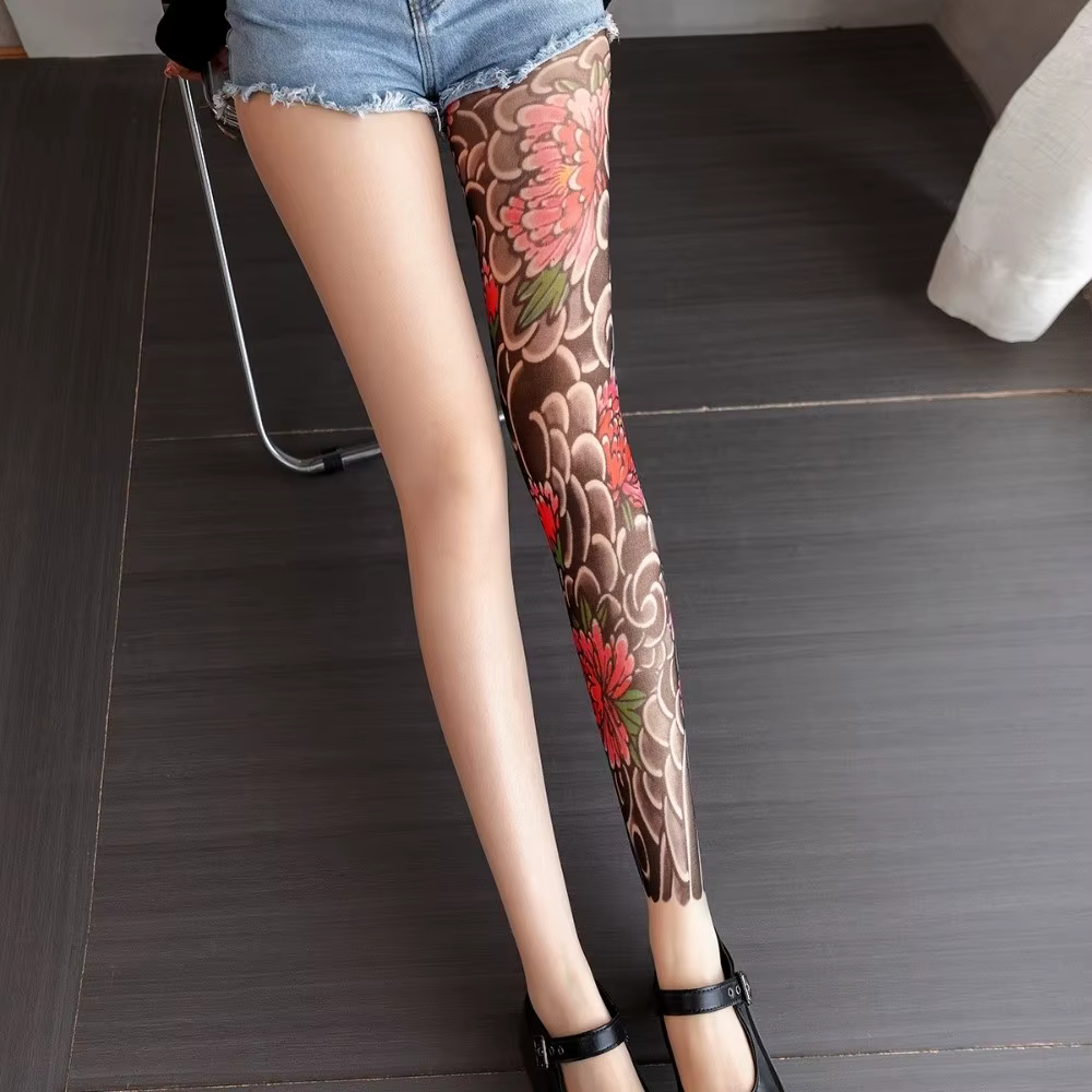 Chaussettes de tatouage intégral style japonais serpent, respirantes, élastiques, fines, sans couture, anti-UV, pour l'équitation