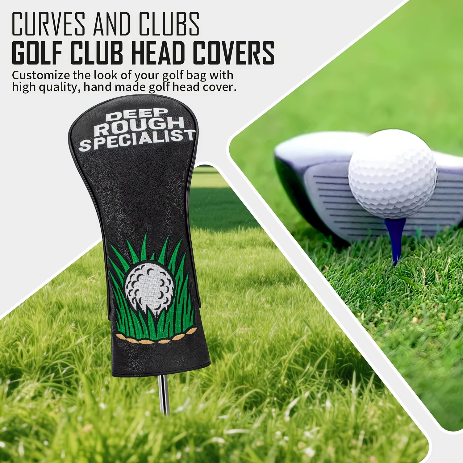 Housses de tête de club de golf conçues en forme de balle de golf, disponibles en unité ou en lot de trois pour drivers, fairways et hybrides.