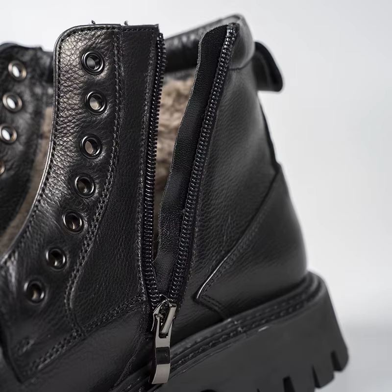 Nouvelles bottes montantes en cuir véritable avec doublure en fourrure pour une chaleur décontractée et une résistance au glissement ; chaussures en coton véritable fourrure avec fines bretelles