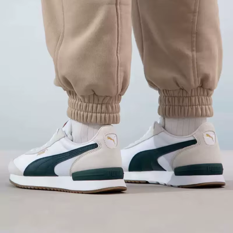 PUMA Baskets décontractées rétro légères antidérapantes en daim blanc et vert foncé avec surpiqûres 399250-04