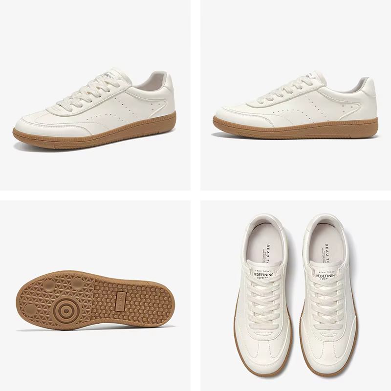 BEAUTODAY baskets blanches femmes cuir de vache à lacets bout rond couture dames chaussures d'entraînement à la main 29932