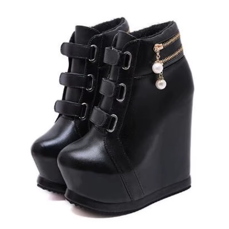 Marque chaussures à semelles compensées femmes bottines Zapatillas Mujer fond épais perle Sexy haute pente chaussure d'hiver dames plate-forme talons hauts