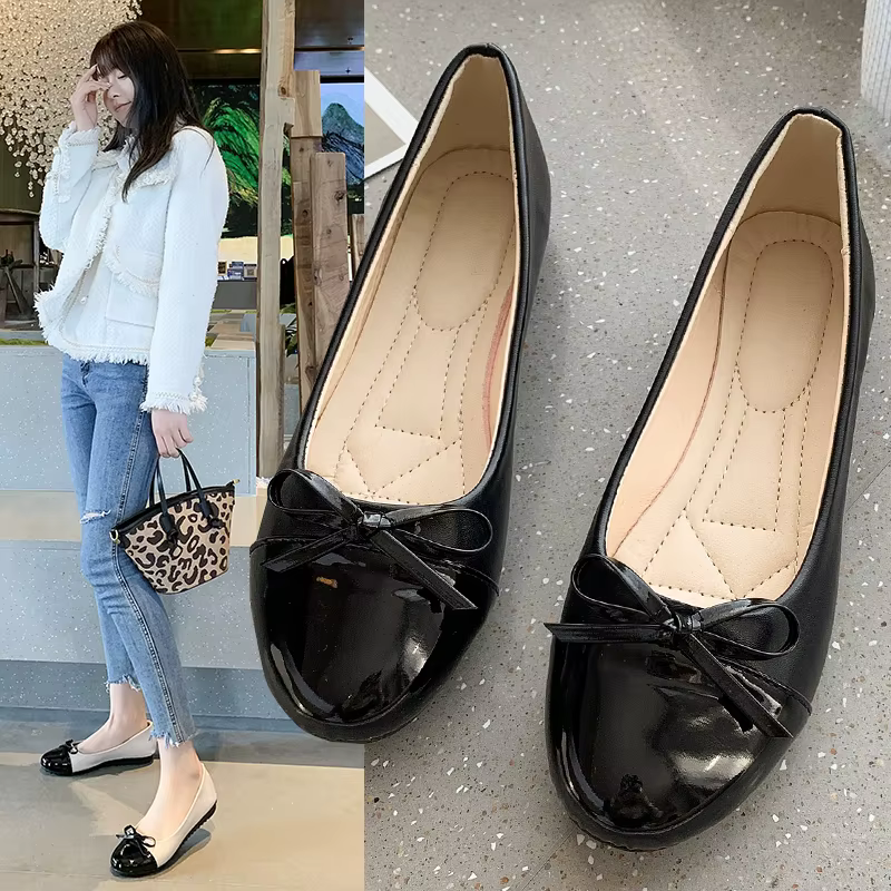 Ballerines à nœud bicolores noir et beige